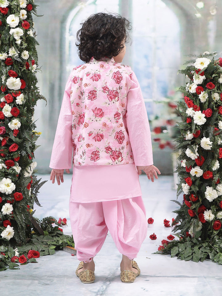 Pink Rose Nehru Jacket with Cotton Kurta Dhoti Set | SHOBITAM
