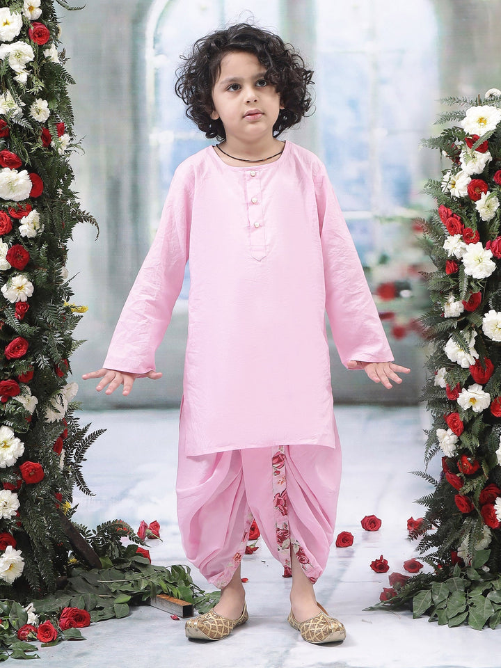 Pink Rose Nehru Jacket with Cotton Kurta Dhoti Set | SHOBITAM
