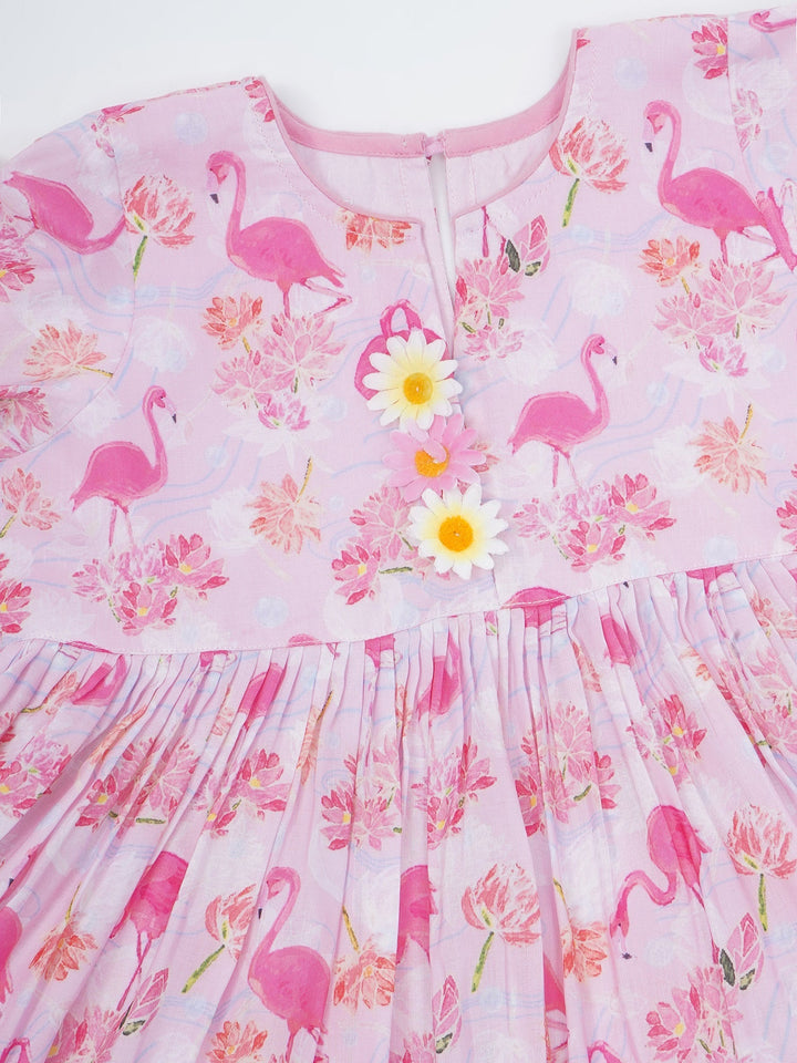 Girls Pink Muslin Flamingo Kurta Sharara Set with Dupatta and Cotton Lining | SHOBITAM