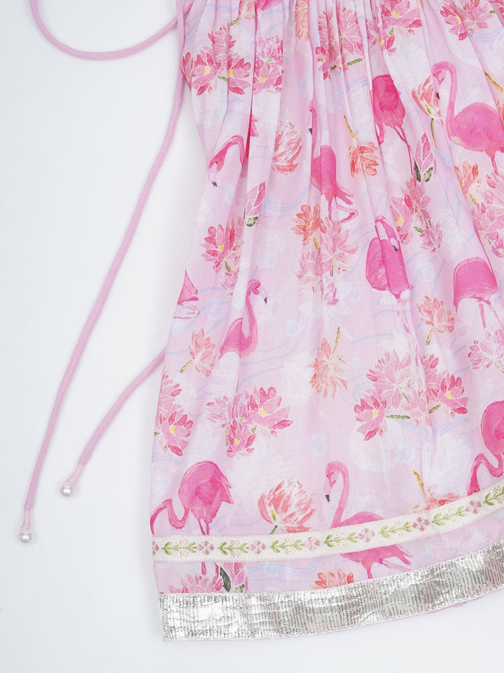 Girls Pink Muslin Flamingo Kurta Sharara Set with Dupatta and Cotton Lining | SHOBITAM