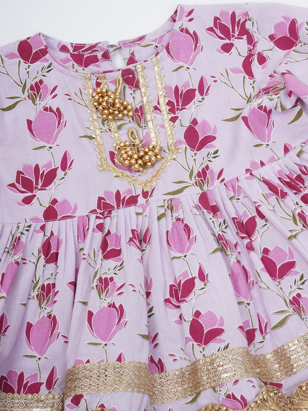 Girls Lavender Cotton Lotus Lacework Kurta Sharara Set | SHOBITAM