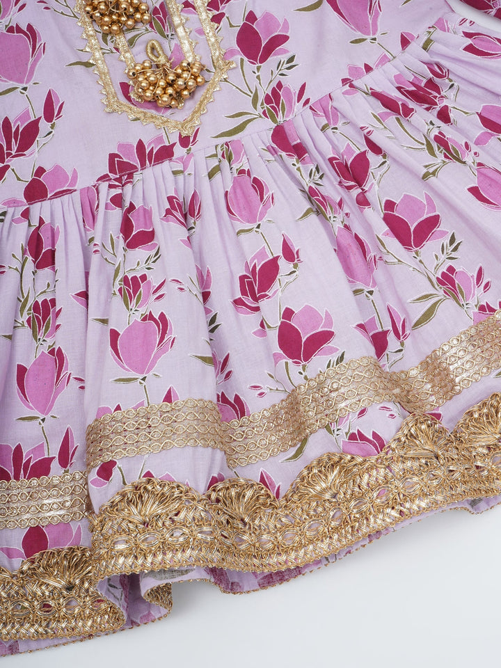 Girls Lavender Cotton Lotus Lacework Kurta Sharara Set | SHOBITAM