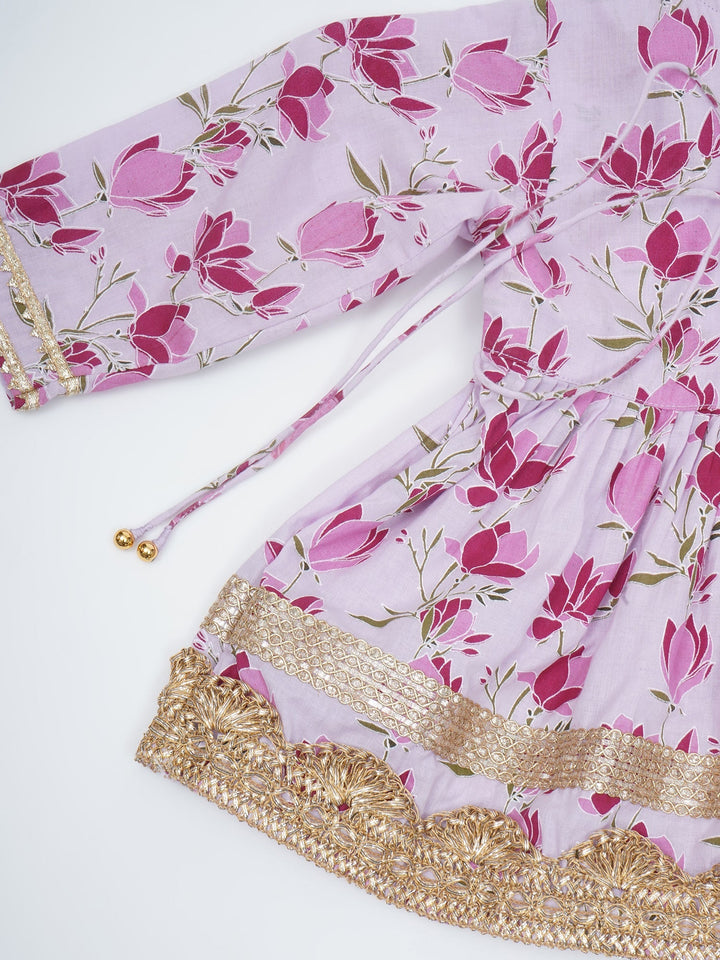 Girls Lavender Cotton Lotus Lacework Kurta Sharara Set | SHOBITAM
