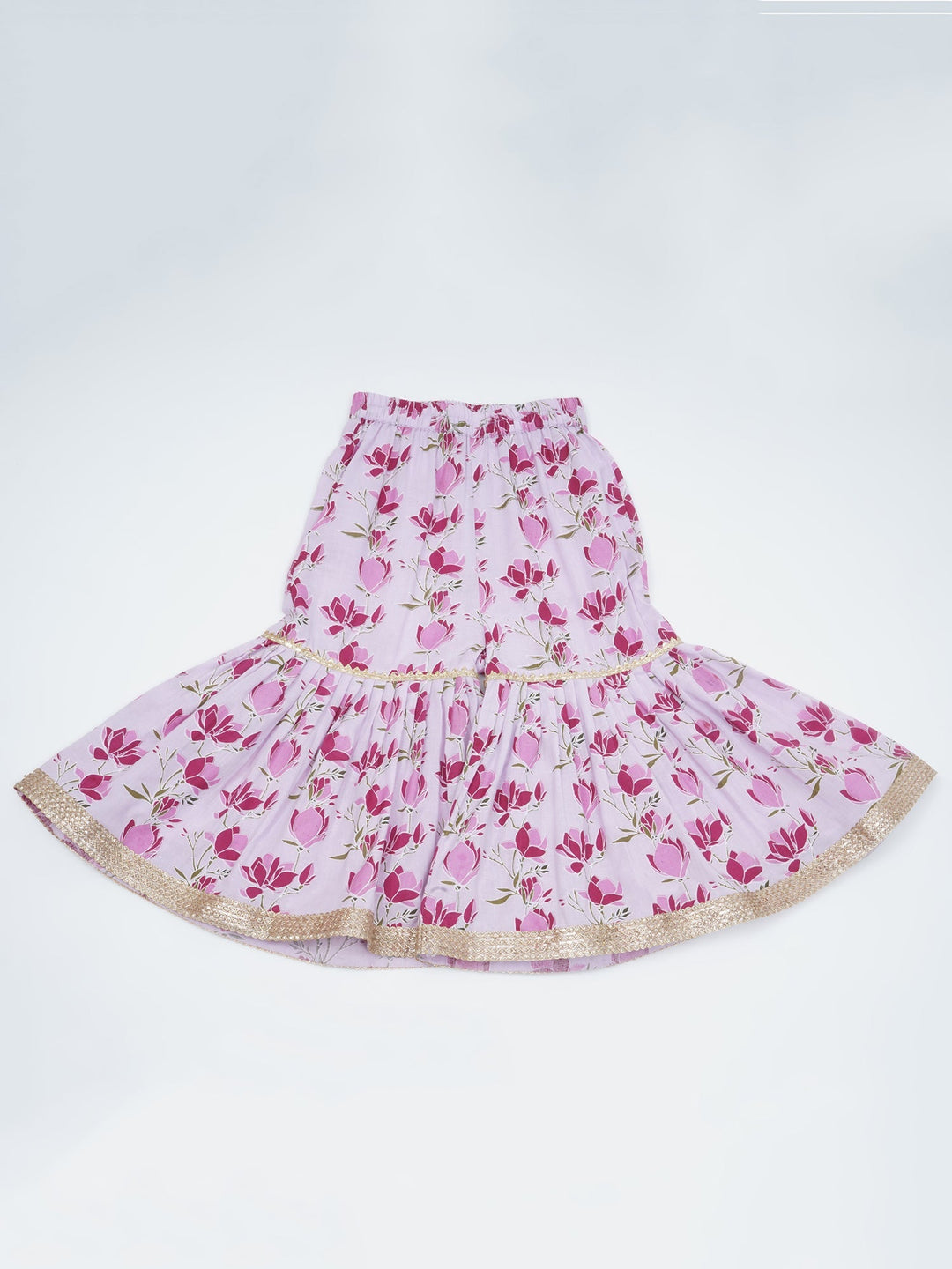 Girls Lavender Cotton Lotus Lacework Kurta Sharara Set | SHOBITAM