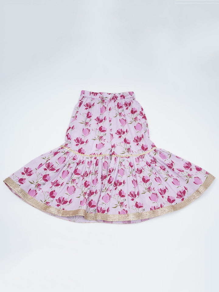 Girls Lavender Cotton Lotus Lacework Kurta Sharara Set | SHOBITAM