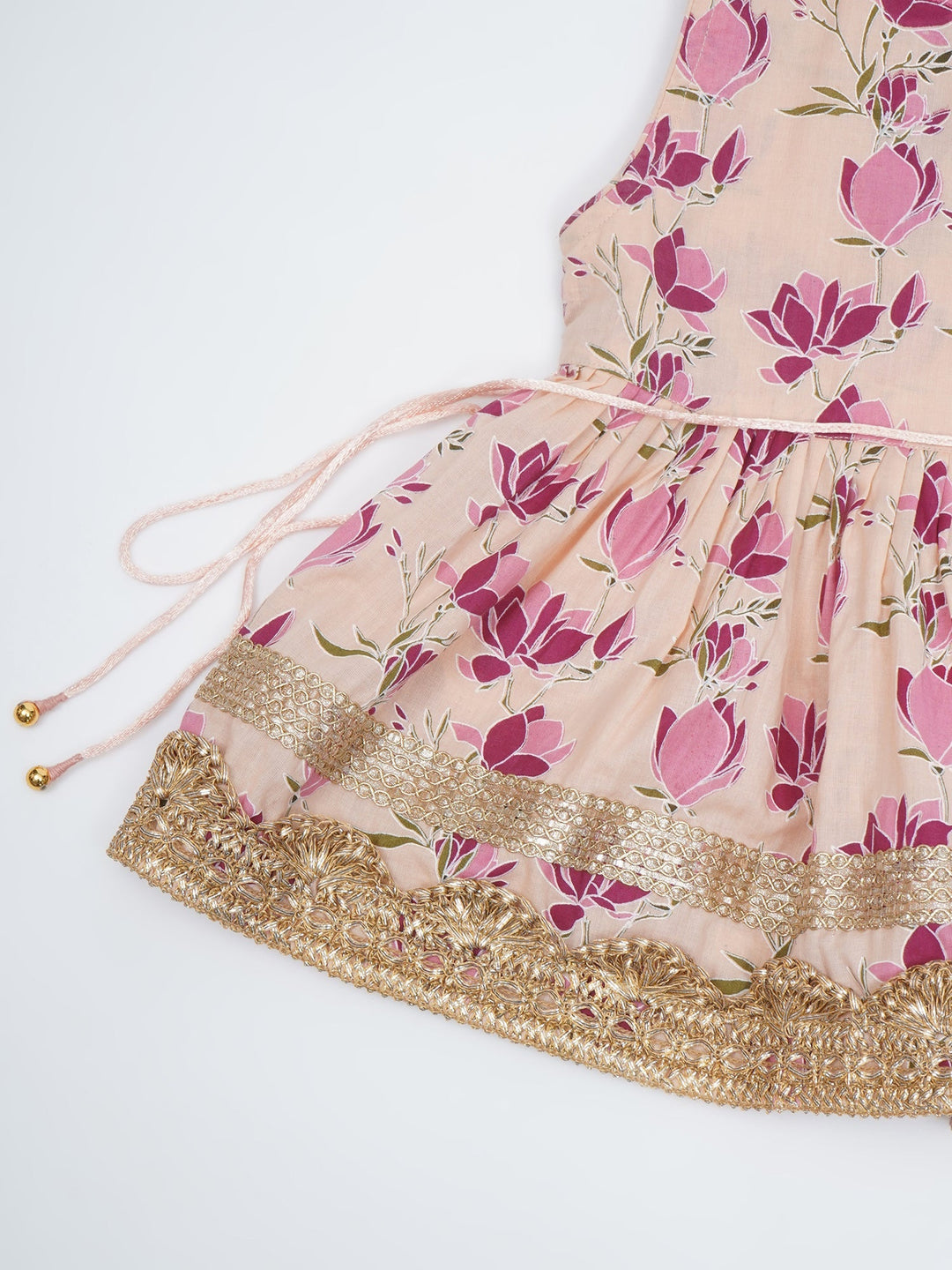 Girls Peach Cotton Lotus Lacework Kurta Sharara Set with Dupatta | SHOBITAM