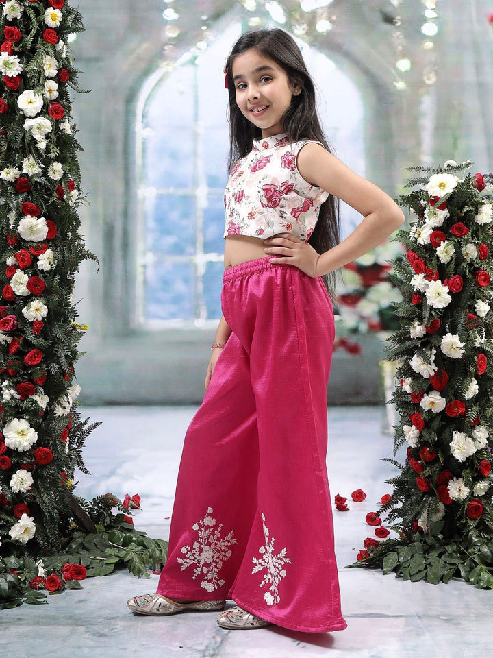 Hot Pink Floral Embroidery Plazzo with Rose Top Co-Ord Set  | SHOBITAM