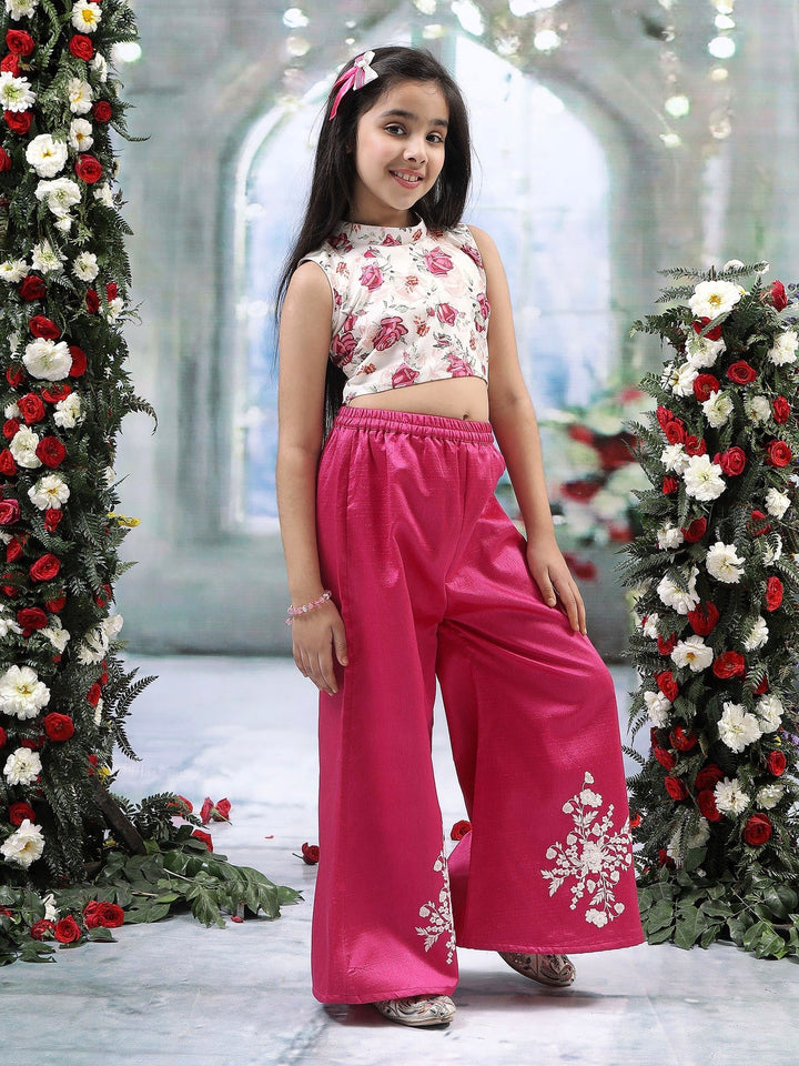 Hot Pink Floral Embroidery Plazzo with Rose Top Co-Ord Set  | SHOBITAM