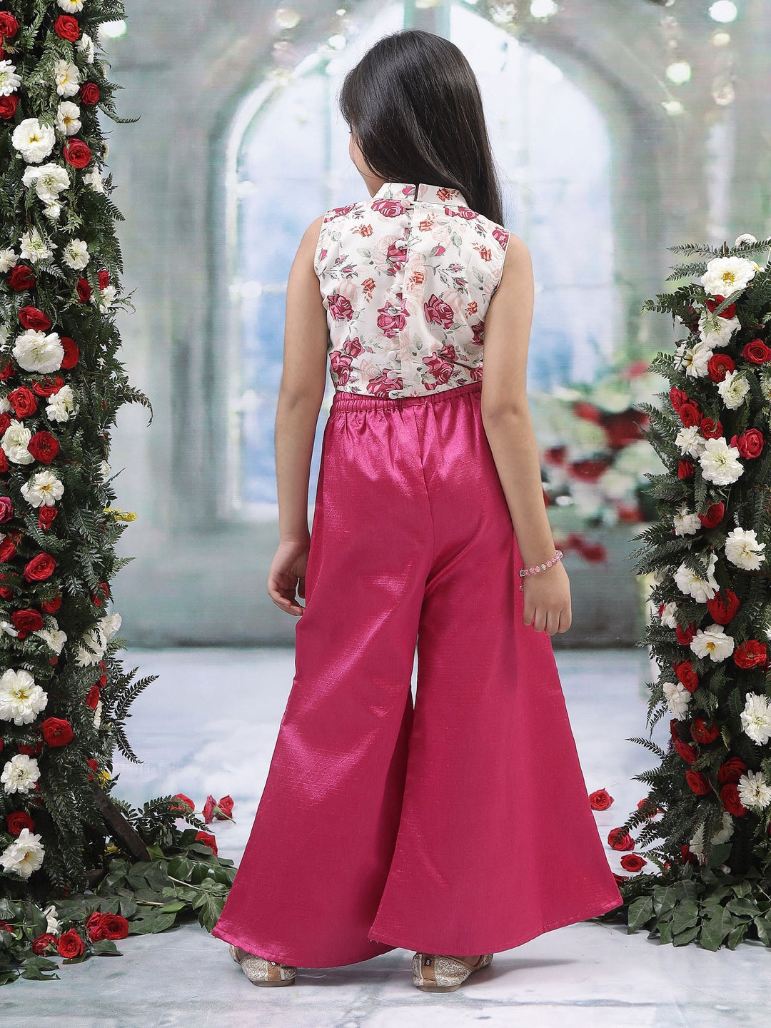 Hot Pink Floral Embroidery Plazzo with Rose Top Co-Ord Set  | SHOBITAM