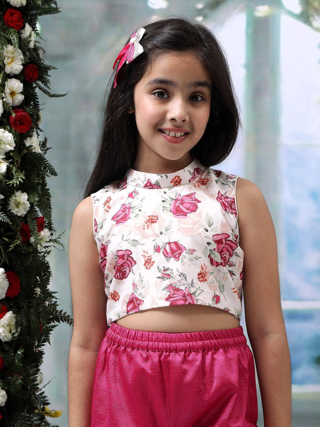 Hot Pink Floral Embroidery Plazzo with Rose Top Co-Ord Set  | SHOBITAM