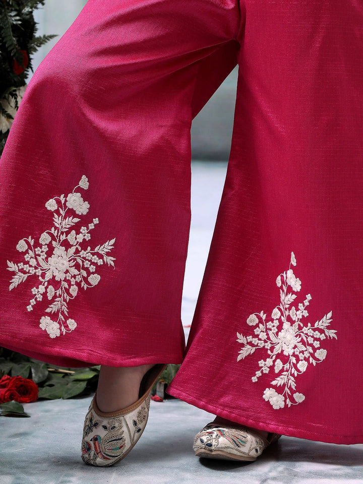 Hot Pink Floral Embroidery Plazzo with Rose Top Co-Ord Set  | SHOBITAM