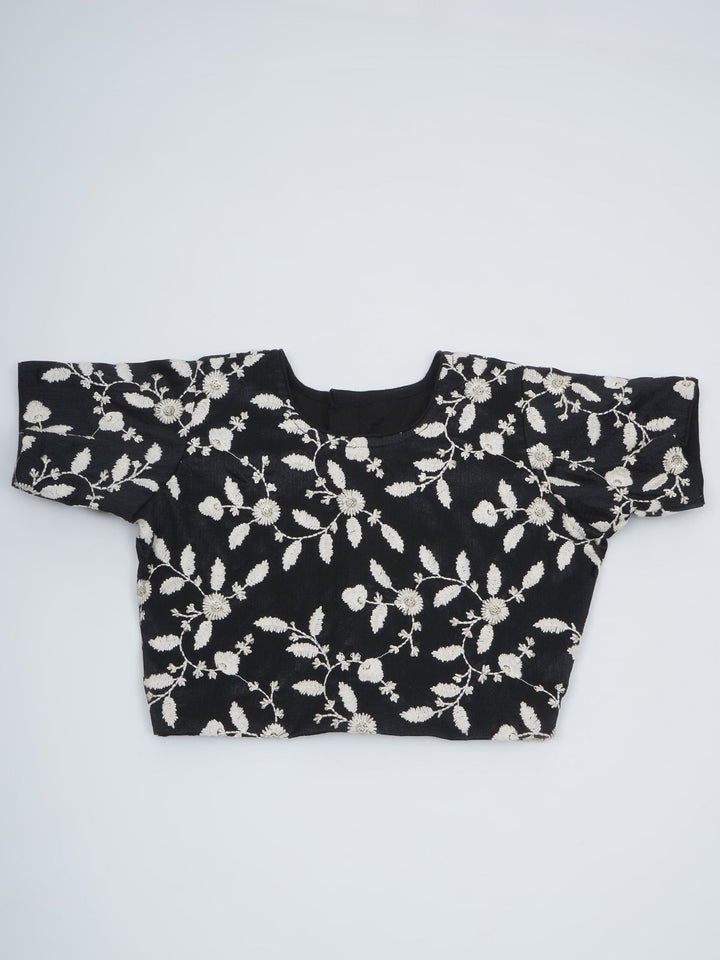 Girls Black Lehenga Blouse set with White Floral Thread work | SHOBITAM