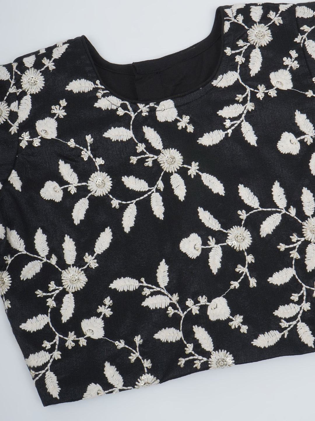 Girls Black Lehenga Blouse set with White Floral Thread work | SHOBITAM