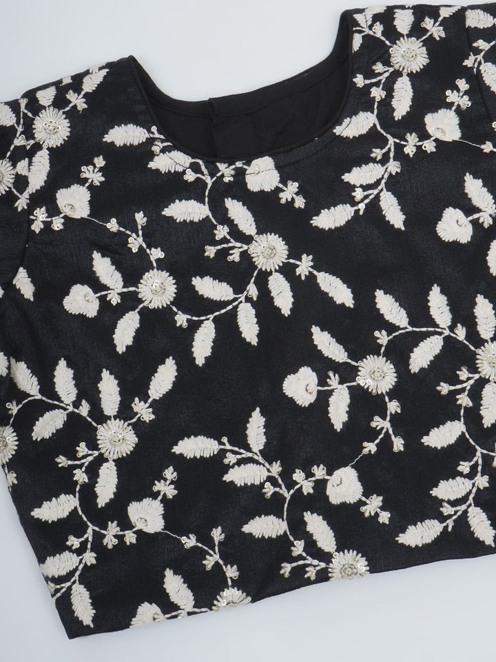 Girls Black Lehenga Blouse set with White Floral Thread work | SHOBITAM