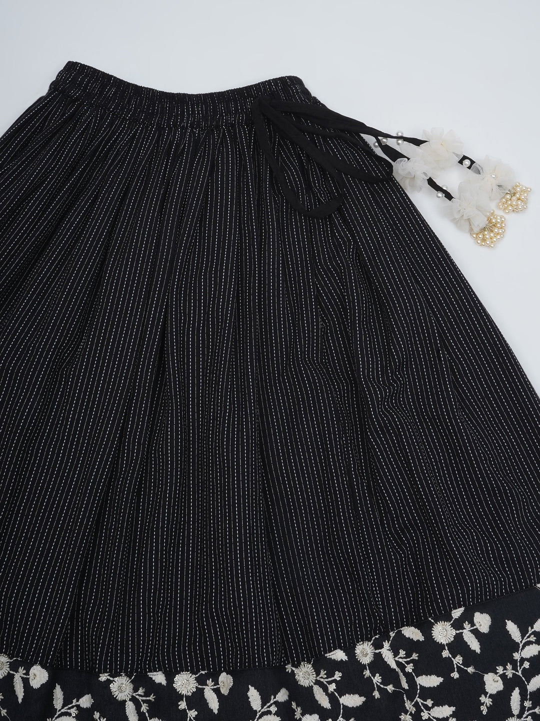 Girls Black Lehenga Blouse set with White Floral Thread work | SHOBITAM