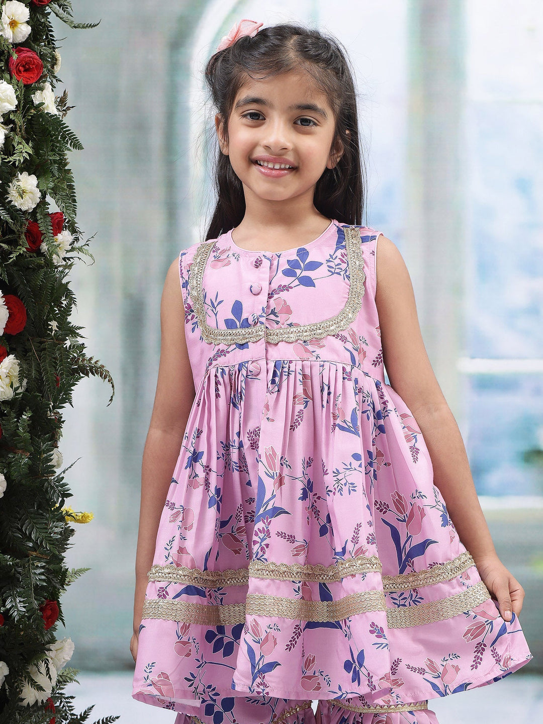 Pink Tulip Muslin Kurta with Sharara Set | SHOBITAM