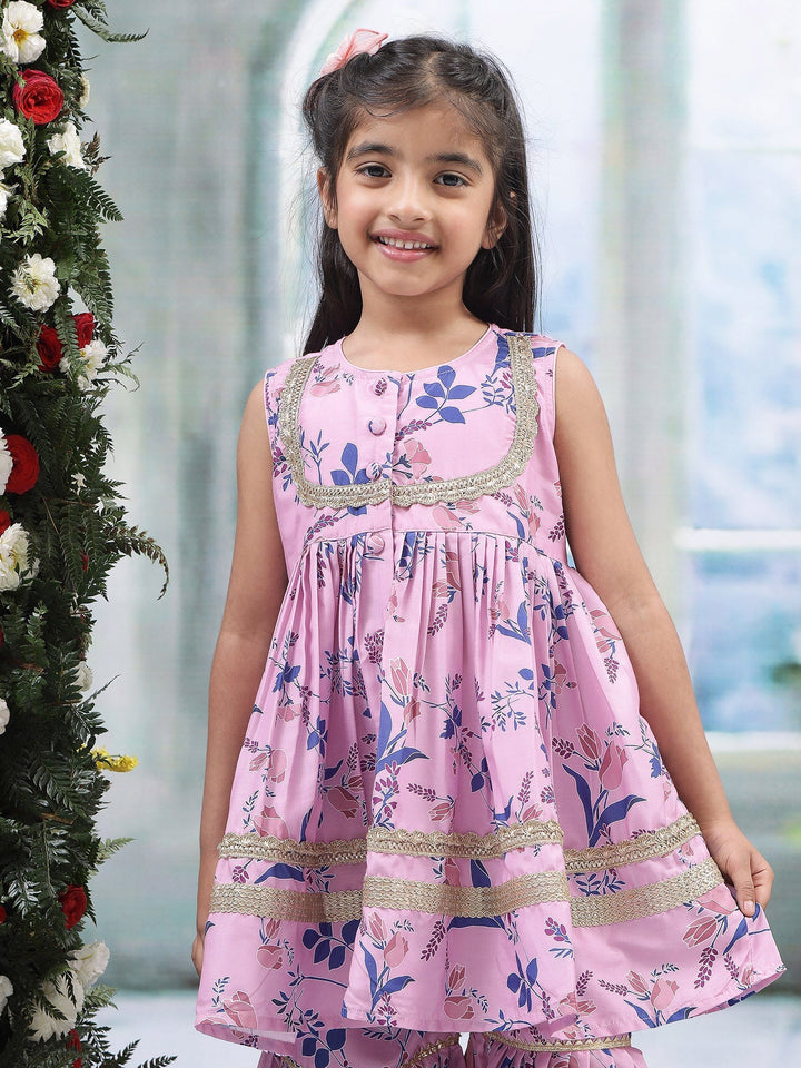 Pink Tulip Muslin Kurta with Sharara Set | SHOBITAM