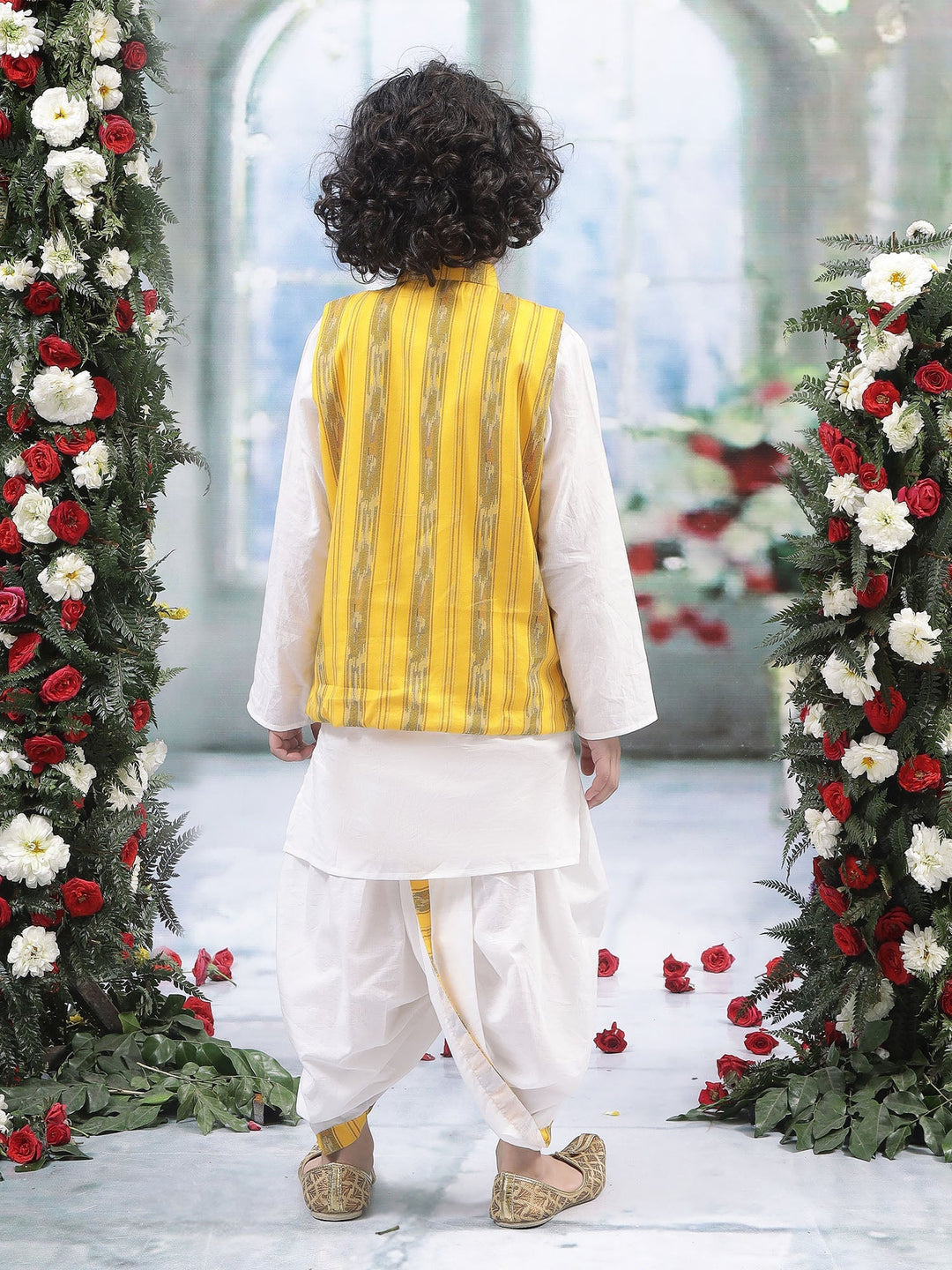 Yellow Ikat Nehru Jacket with Cotton Kurta Dhoti Set | SHOBITAM