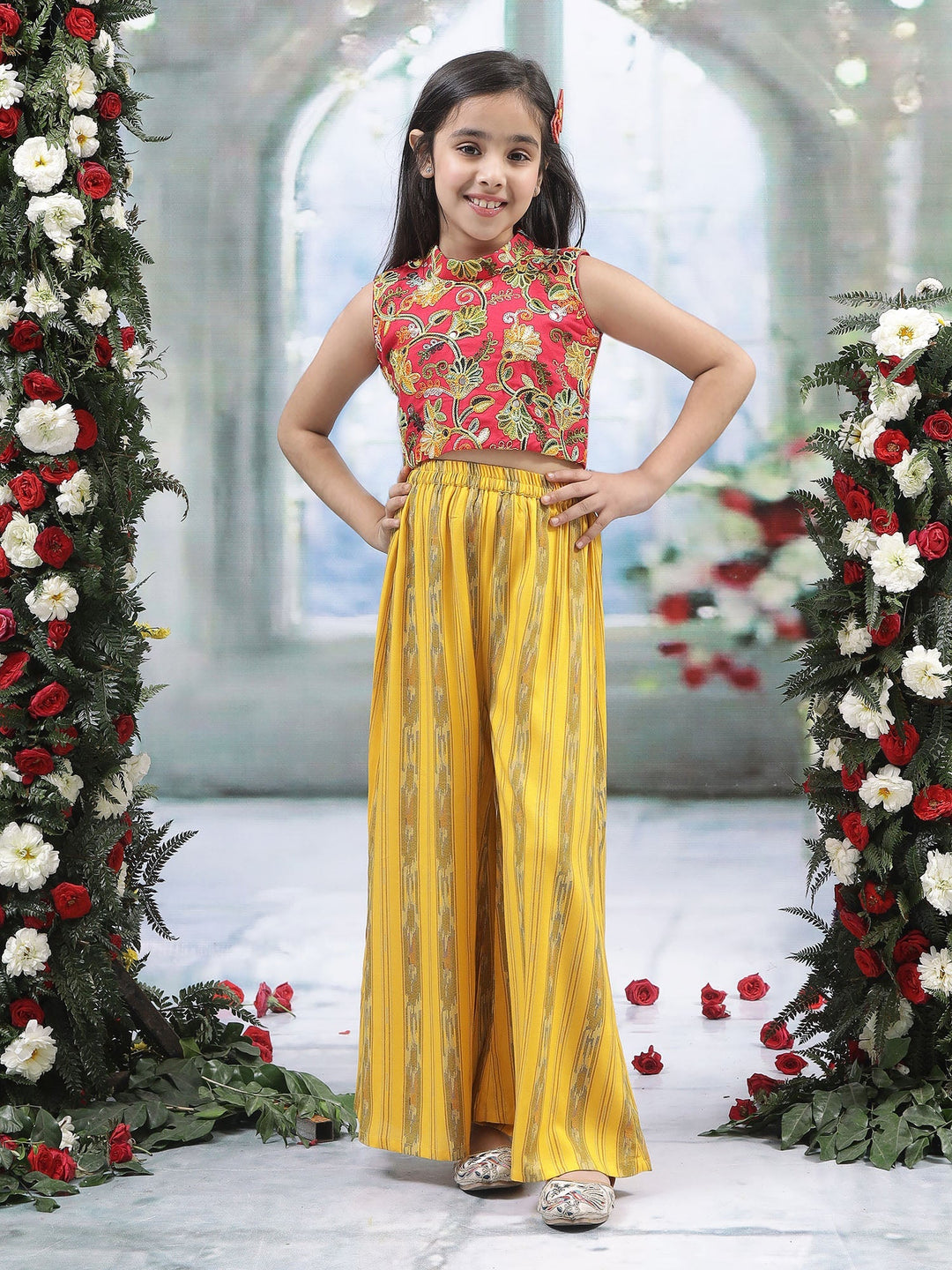 Yellow Ikat Cotton Plazzo with Floral Embroidered Top Co-Ord Set  | SHOBITAM