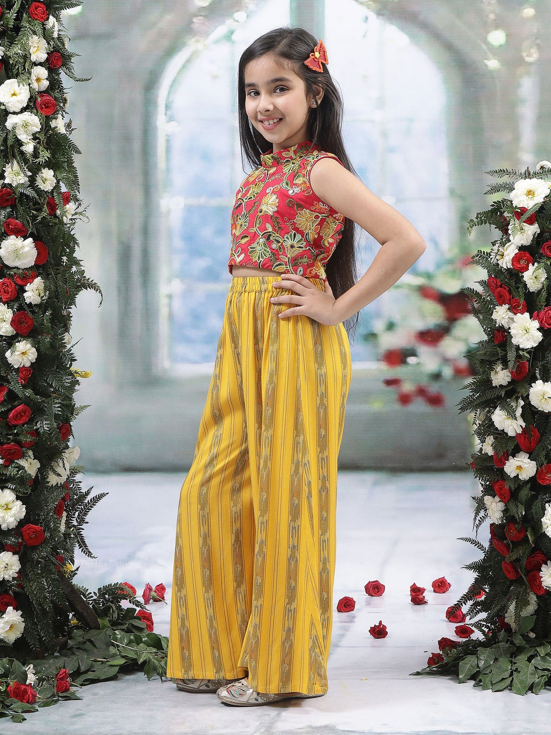 Yellow Ikat Cotton Plazzo with Floral Embroidered Top Co-Ord Set  | SHOBITAM