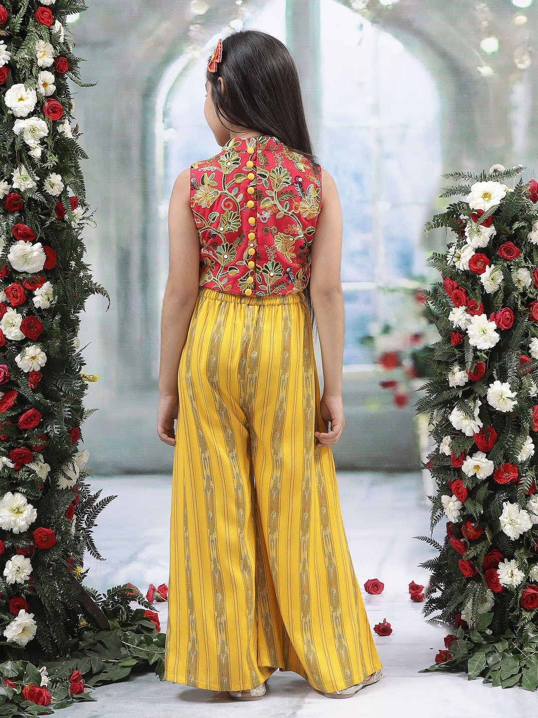 Yellow Ikat Cotton Plazzo with Floral Embroidered Top Co-Ord Set  | SHOBITAM