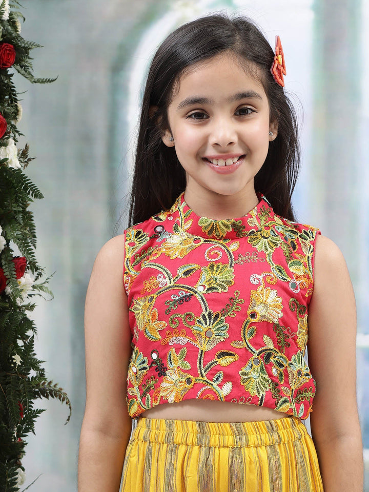 Yellow Ikat Cotton Plazzo with Floral Embroidered Top Co-Ord Set  | SHOBITAM