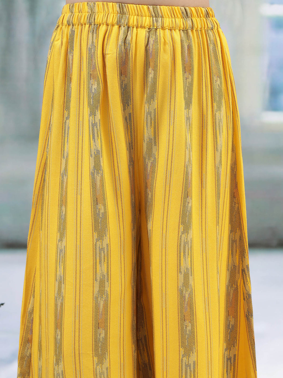 Yellow Ikat Cotton Plazzo with Floral Embroidered Top Co-Ord Set  | SHOBITAM