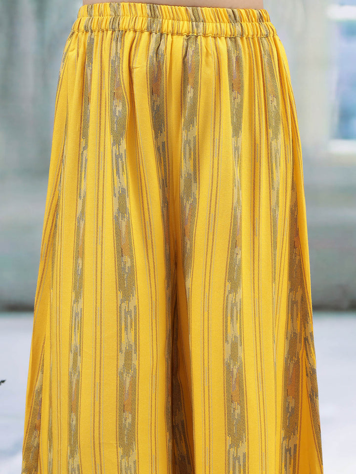 Yellow Ikat Cotton Plazzo with Floral Embroidered Top Co-Ord Set  | SHOBITAM
