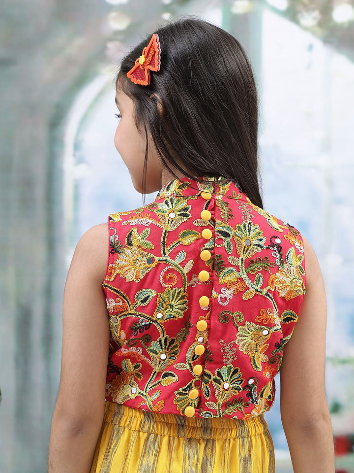 Yellow Ikat Cotton Plazzo with Floral Embroidered Top Co-Ord Set  | SHOBITAM