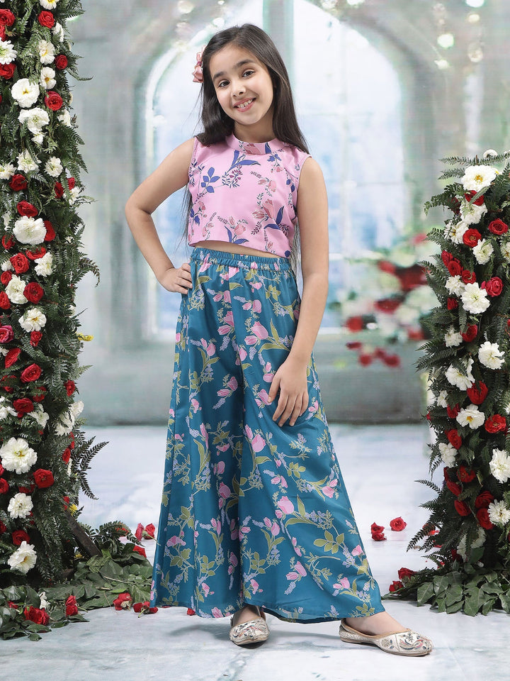 Pink Muslin Tulip Top with Turquoise Green Plazzo Co-Ord Set  | SHOBITAM