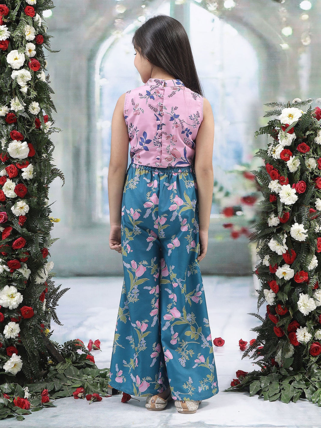 Pink Muslin Tulip Top with Turquoise Green Plazzo Co-Ord Set  | SHOBITAM