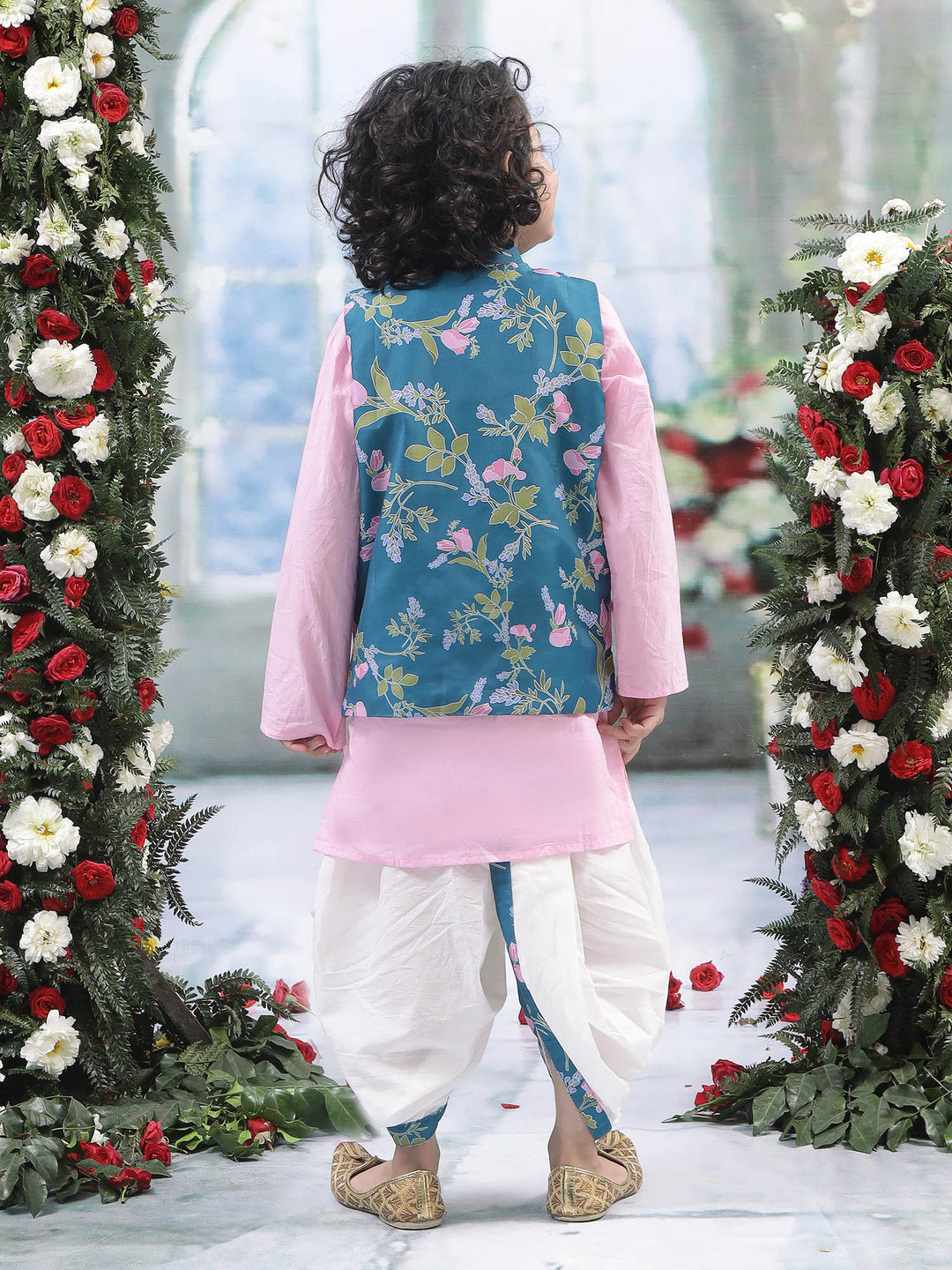 Turquoise Green Floral Nehru Jacket with Cotton Kurta Dhoti Set | SHOBITAM