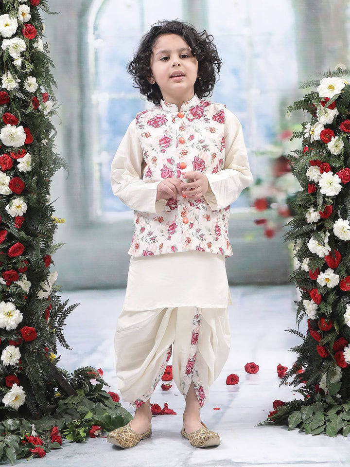 Cream Rose Nehru Jacket with Cotton Kurta Dhoti | SHOBITAM