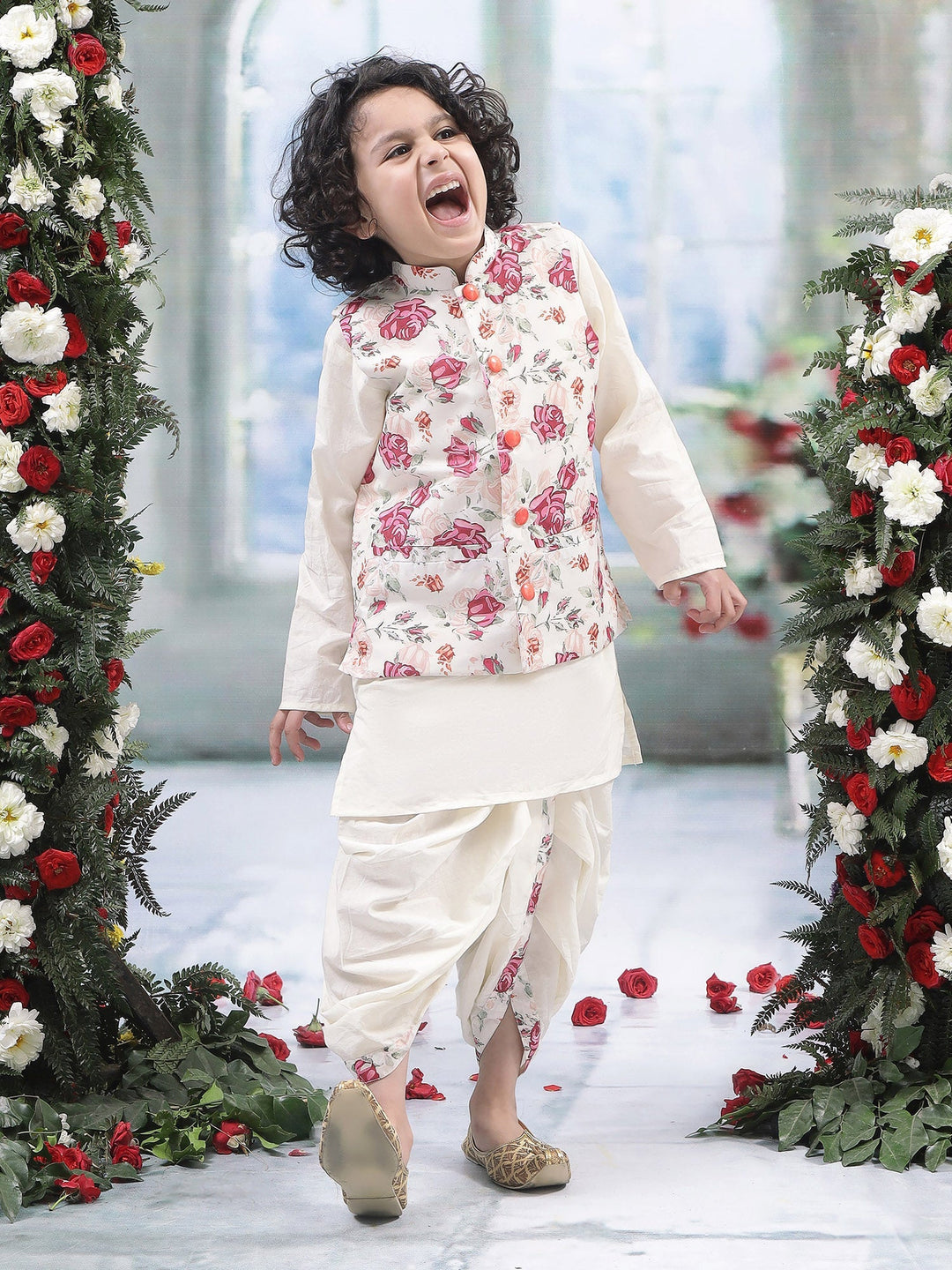 Cream Rose Nehru Jacket with Cotton Kurta Dhoti | SHOBITAM