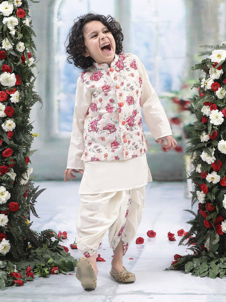 Cream Rose Nehru Jacket with Cotton Kurta Dhoti | SHOBITAM