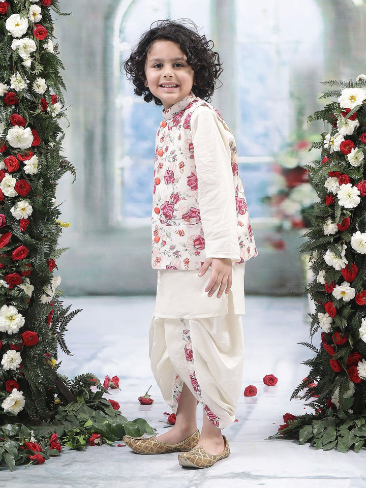 Cream Rose Nehru Jacket with Cotton Kurta Dhoti | SHOBITAM