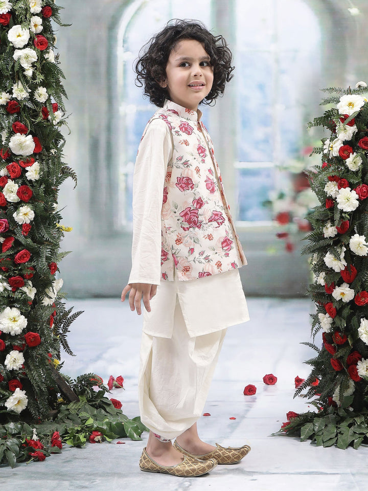 Cream Rose Nehru Jacket with Cotton Kurta Dhoti | SHOBITAM