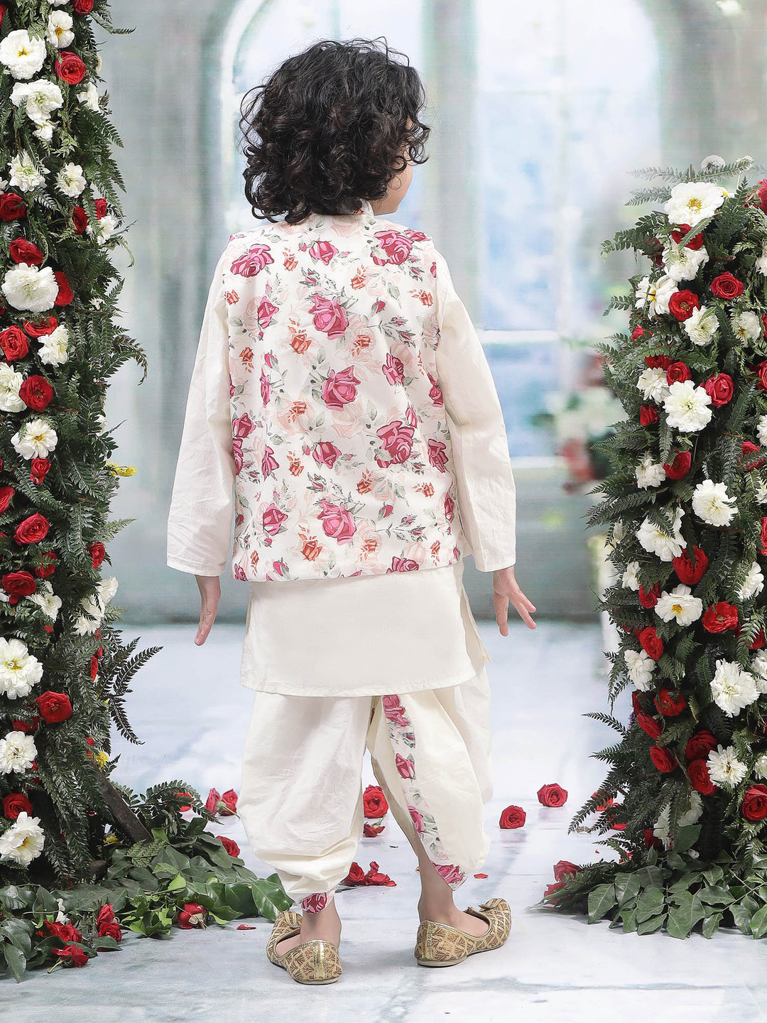 Cream Rose Nehru Jacket with Cotton Kurta Dhoti | SHOBITAM