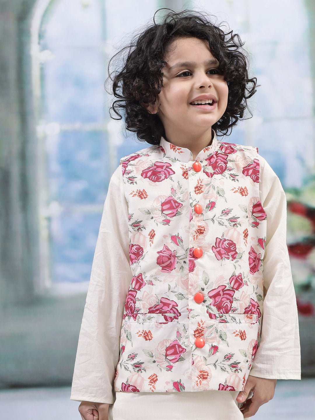 Cream Rose Nehru Jacket with Cotton Kurta Dhoti | SHOBITAM