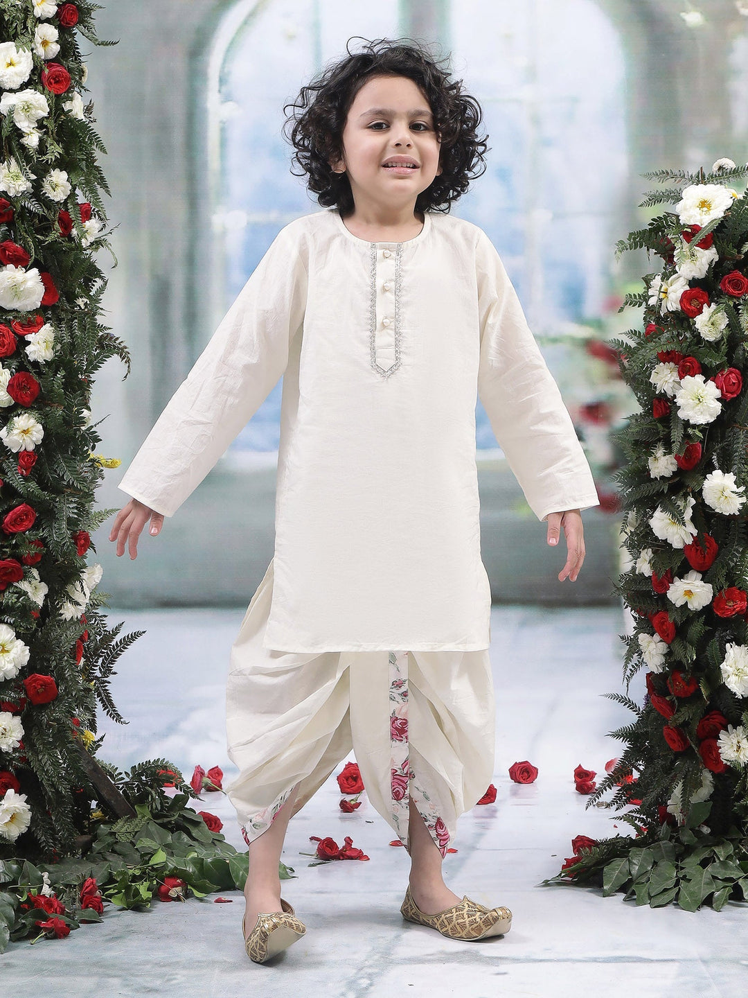 Cream Rose Nehru Jacket with Cotton Kurta Dhoti | SHOBITAM
