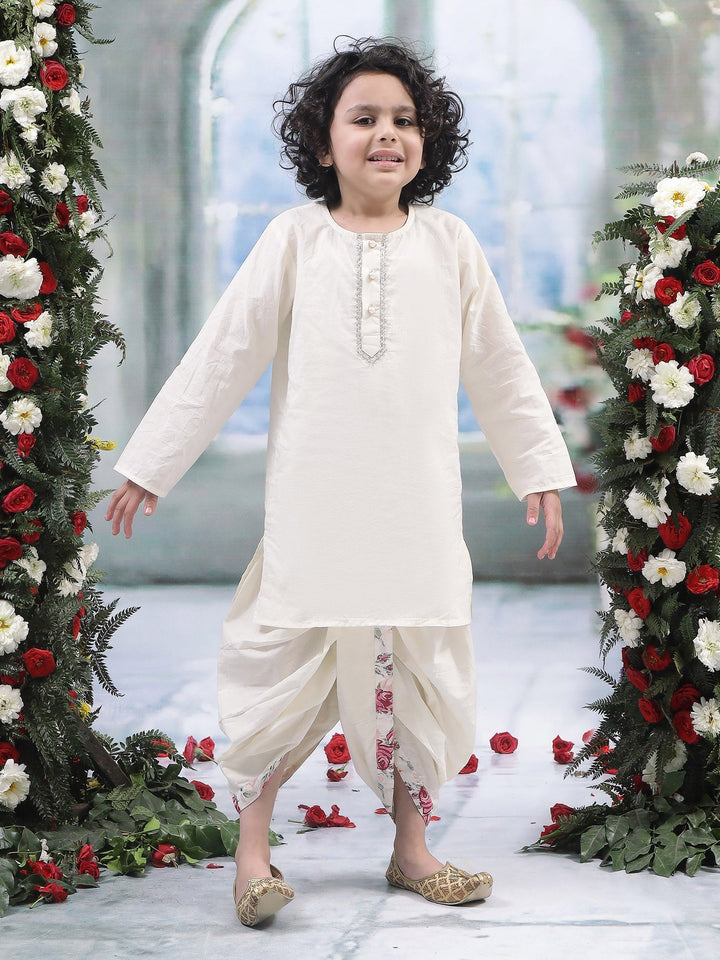 Cream Rose Nehru Jacket with Cotton Kurta Dhoti | SHOBITAM
