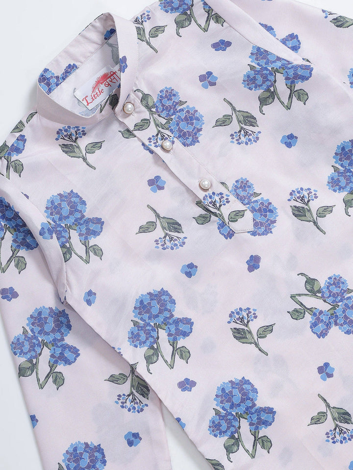 Rose Water Floral Muslin Kurta with Cotton Dhoti | SHOBITAM