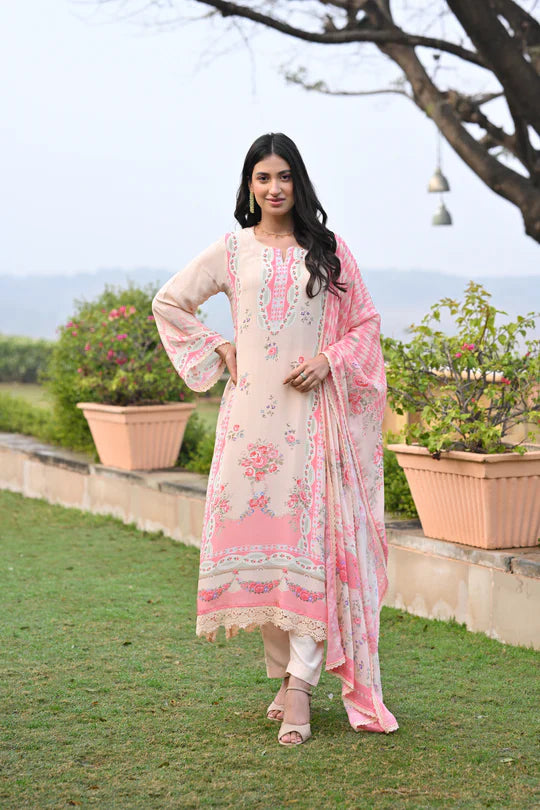 Peach and Pink Breezy Summer Lacy Suit Set -SET OF-3 | SHOBITAM