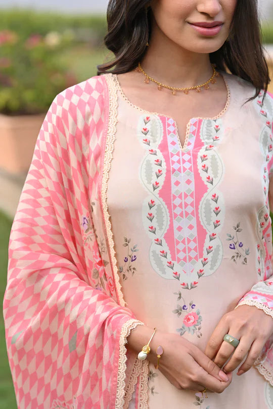 Peach and Pink Breezy Summer Lacy Suit Set -SET OF-3 | SHOBITAM