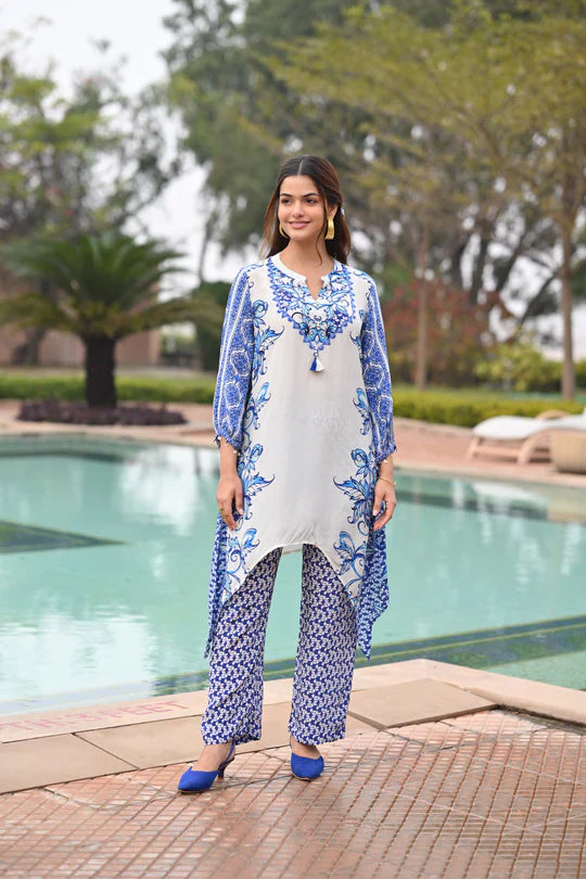 Blue and White Spring Placement Kurta Set -SET OF-2 | SHOBITAM