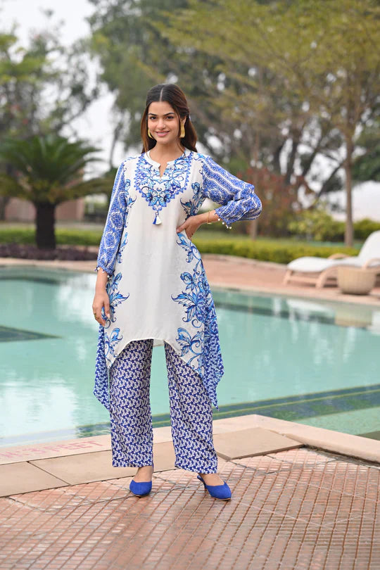 Blue and White Spring Placement Kurta Set -SET OF-2 | SHOBITAM