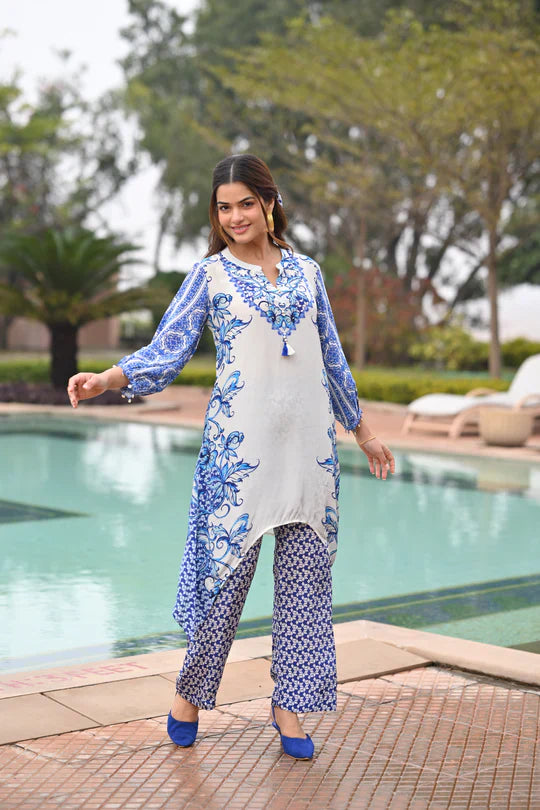 Blue and White Spring Placement Kurta Set -SET OF-2 | SHOBITAM