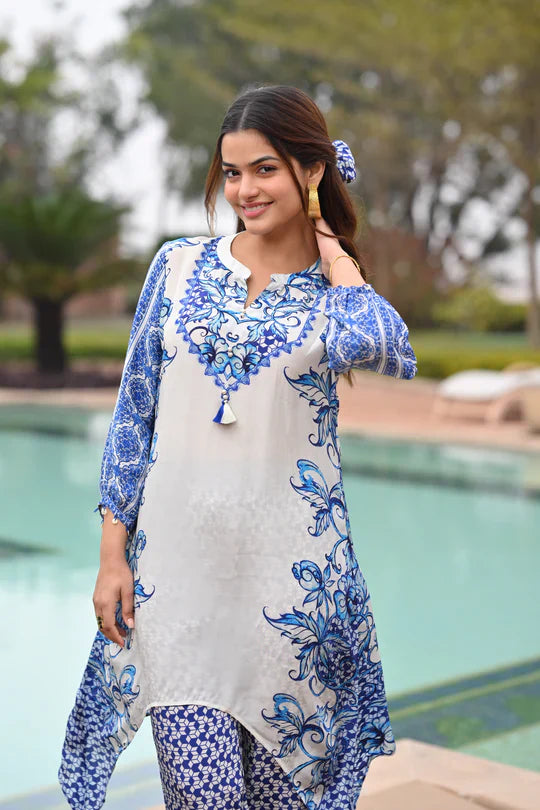 Blue and White Spring Placement Kurta Set -SET OF-2 | SHOBITAM