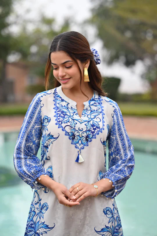 Blue and White Spring Placement Kurta Set -SET OF-2 | SHOBITAM