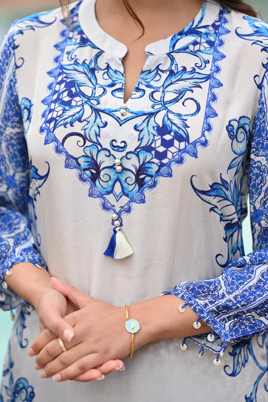 Blue and White Spring Placement Kurta Set -SET OF-2 | SHOBITAM